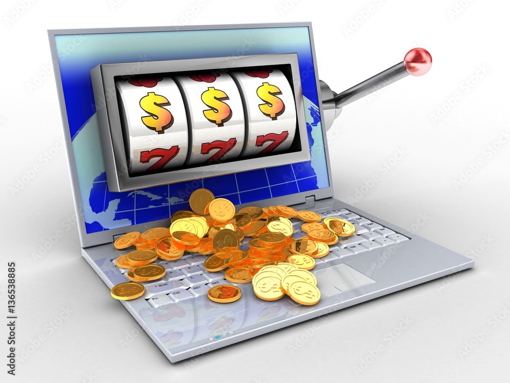 3d illustration of laptop over white background with earth screen and slot machine 3d illustration of laptop over white background with earth screen and slot machine