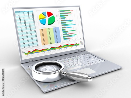 3d illustration of laptop over white background with business data screen and magnify flass photo