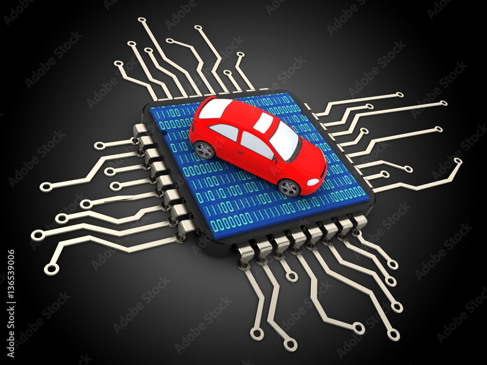 3d illustration of computer chip over black background with car and binary code inside Stock