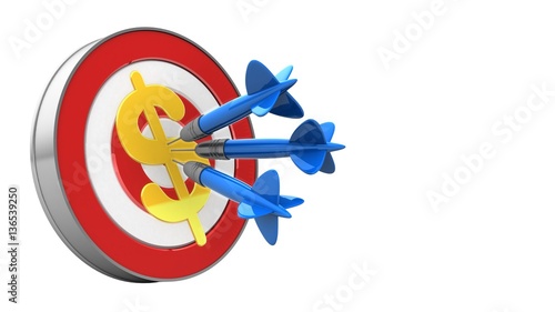3d illustration of target with three darts and dollar sign over white background