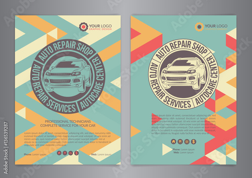 Set of car Service Business Layout templates, automobile magazine cover, A4 auto repair shop brochure, mockup flyer. Vector illustration.