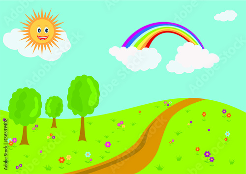 landscape with flowers and sky with rainbow