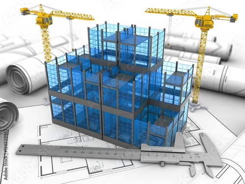 3d illustration of glass building over house plan background with two cranes