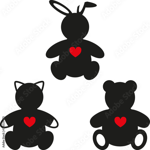 Simple silhouettes of Bear, Rabbit and Cat. Vector illustration on white background