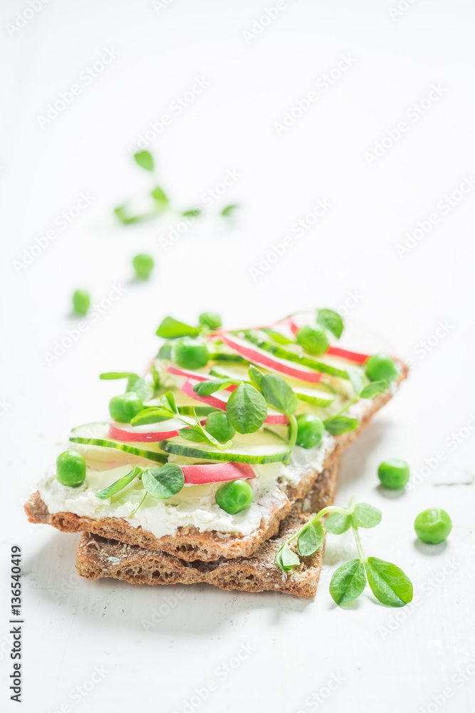 Healthy crispy bread with crunchy bread, fromage cheese and avocado Healthy crispy bread with crunchy bread, fromage cheese and avocado