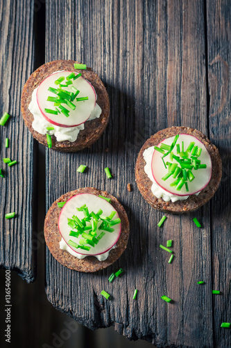 Fresh pumpernickel bread cottage cheese and chive
