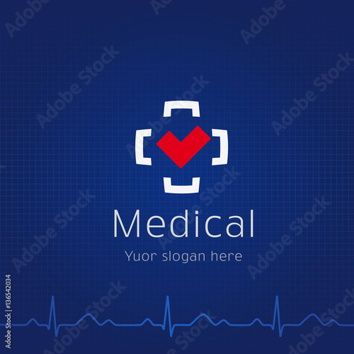 Medical plus logo and folder. Outpatient card cover design or presentation's slide with brand identity sign. Icons idea for hospitals, tests, clinics, pharmacies. Vector cardiowaves.