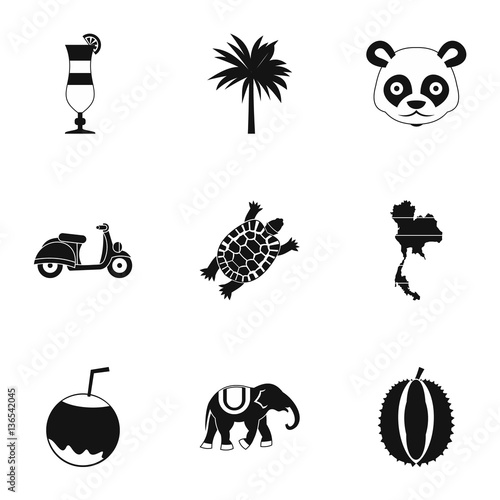 Tourism in Thailand icons set, simple style