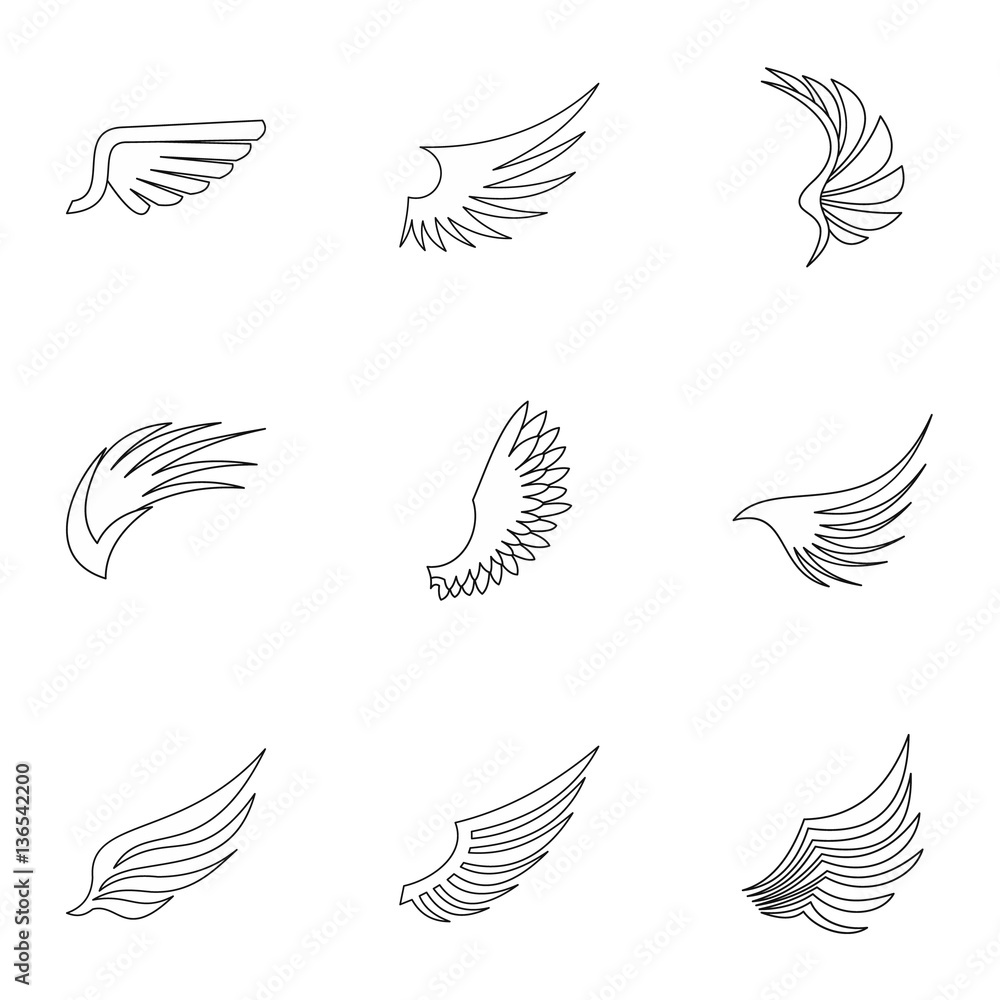 Wings icons set, outline style Wings icons set, outline style