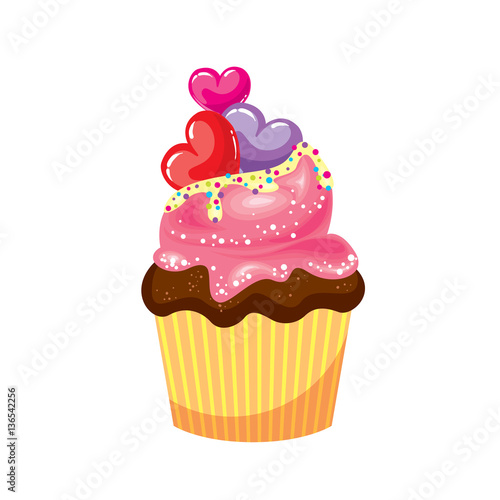 Chocolate cupcake with pink and white cream. Cake with colorful hearts. Vector illustration for a card or poster  print on clothes. St. Valentine s Day.