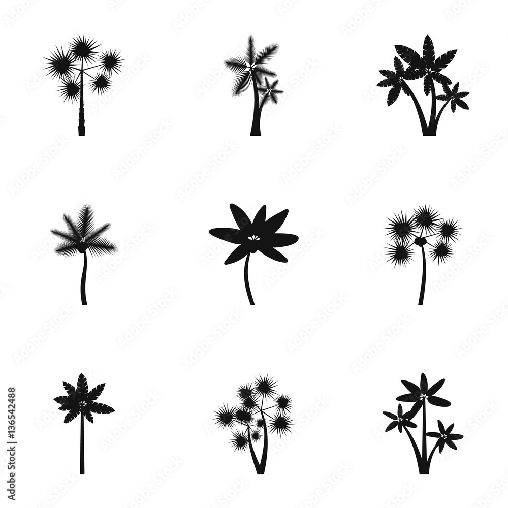 Types of palm icons set, simple style