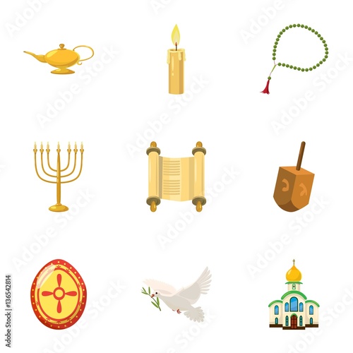 Religious faith icons set, cartoon style