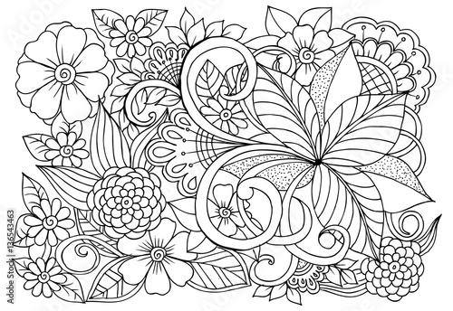 Doodle floral pattern in black and white. Page for coloring book