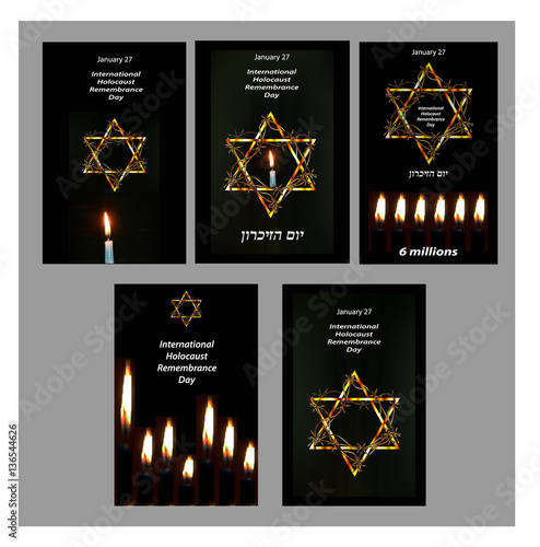 set of posters International Holocaust Remembrance Day 27 January. Hebrew. Vector illustration