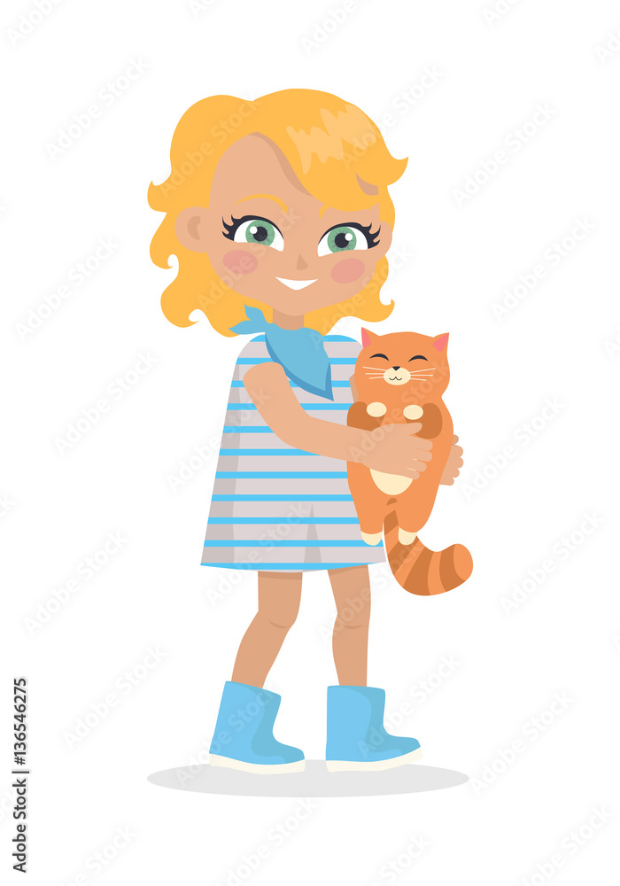Girl Holds Small Cat in Hands Isolated on White Girl Holds Small Cat in Hands Isolated on White