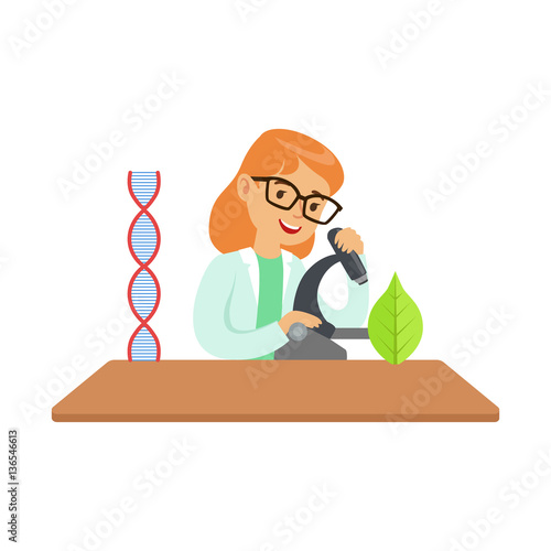 Girl Biologist With Microscope, Kid Doing Biology Science Research Dreaming Of Becoming Professional Scientist In The Future