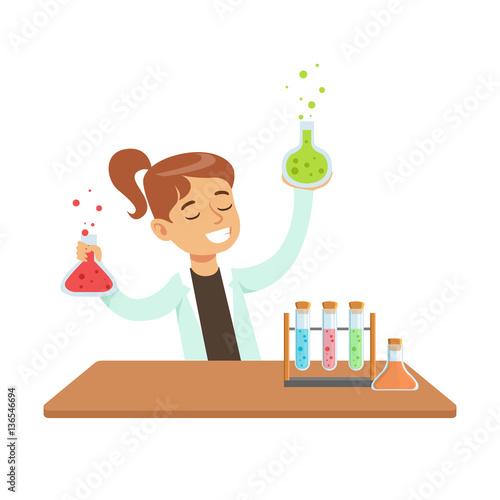 Girl Chemist and Chemical Experiment, Kid Doing Science Research Dreaming Of Becoming Professional Scientist In The Future