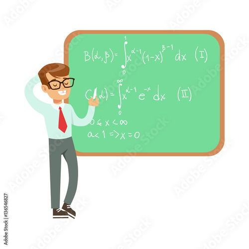 Boy Mathematician Writing Formulas On Blackboard, Kid Doing Science Research Dreaming Of Becoming Professional Scientist In The Future