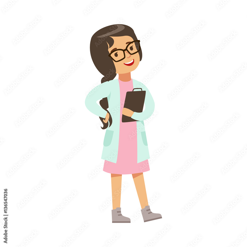 Girl In Glasses Wearing Lab Coat, Kid Doing Science Research Dreaming Of Becoming Professional Scientist In The Future Girl In Glasses Wearing Lab Coat, Kid Doing Science Research Dreaming Of Becoming Professional Scientist In The Future