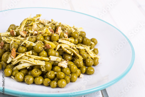 Healthy and diet food without meat: Green peas and cheese in pes