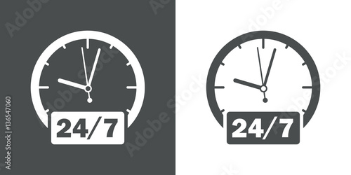 Icono plano reloj con 24/7 gris y blanco