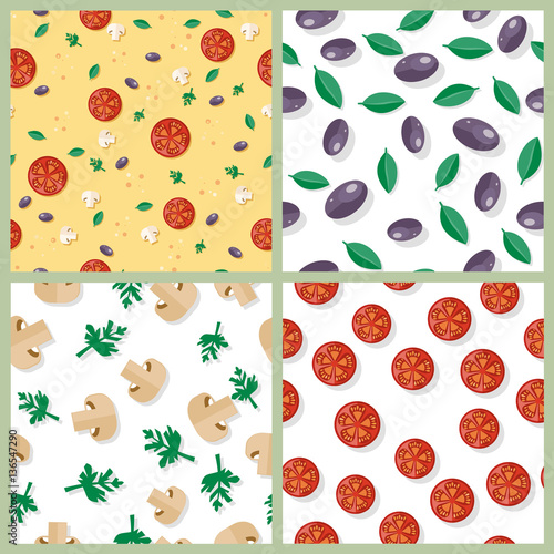 Seamless Pattern with Tomatoes, Olives, Mushrooms