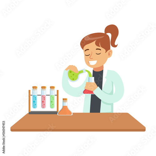 Girl Chemist Experimenting, Kid Doing Chemistry Science Research Dreaming Of Becoming Professional Scientist In The Future
