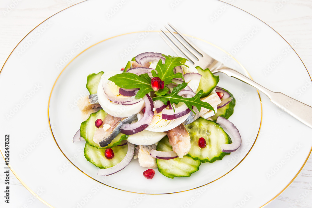 Dietary Food: Salad with Herring, Cucumber, Egg and Onion Dietary Food: Salad with Herring, Cucumber, Egg and Onion