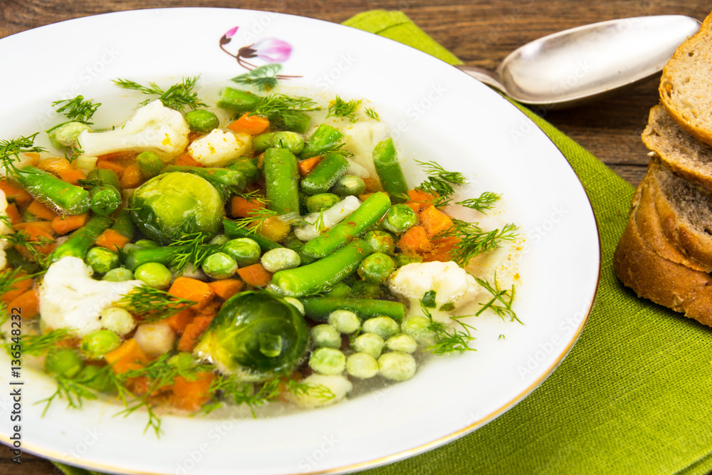Soup with Cauliflower, Brussels Sprouts, Green Beans, Peas, Carr Soup with Cauliflower, Brussels Sprouts, Green Beans, Peas, Carr