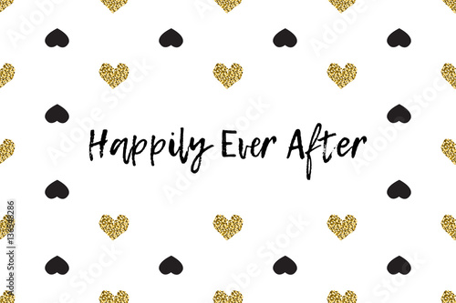 Valentine greeting card with text, black and gold hearts