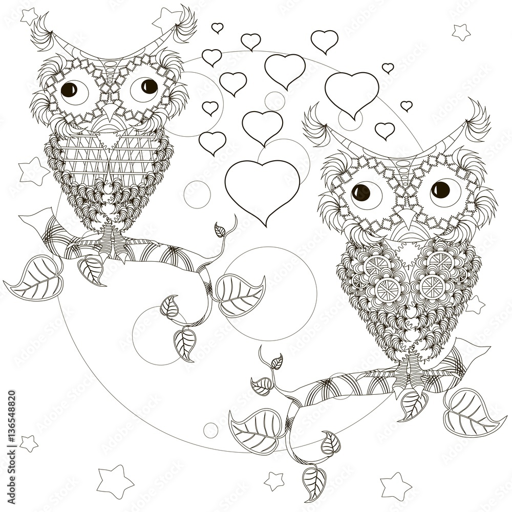Fototapeta premium Zentangle stylized monochrome lovers owls sitting on the tree branches, moon, stars, hand drawn, hearts, vector illustration