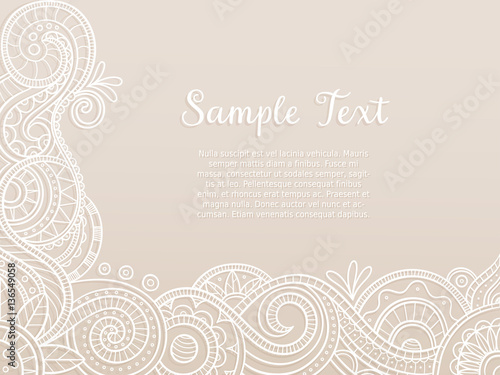 Abstract background, wedding invitation or greeting card design with hand drawn lace pattern. Corner design. Vector illustration.