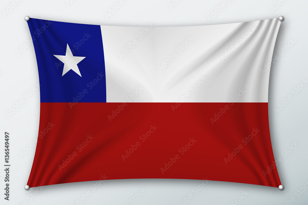 Fototapeta premium Chile national flag. Symbol of the country on a stretched fabric with waves attached with pins. Realistic vector illustration.