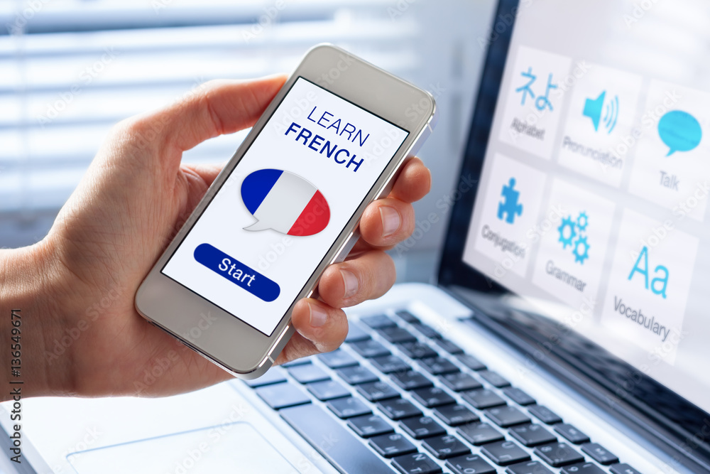 Learn French language online concept, mobile phone, flag of France