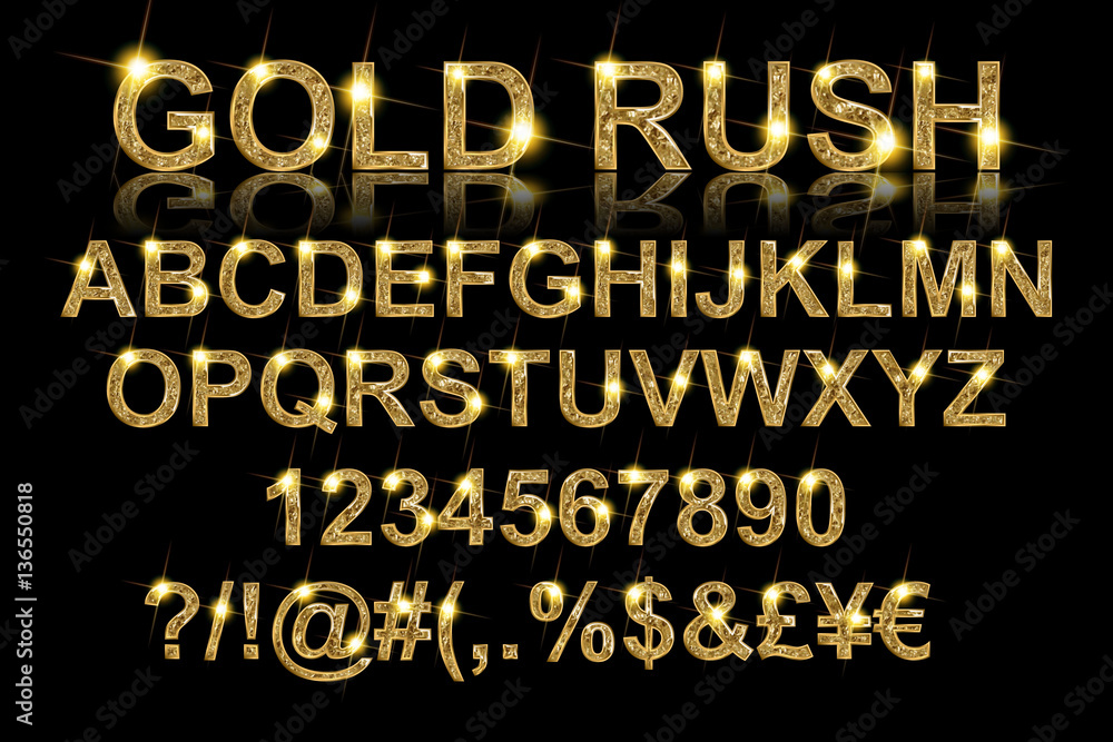 Gold rush. Gold alphabetic fonts - obrazy, fototapety, plakaty 