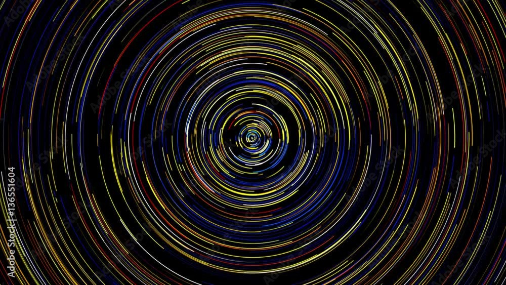 Animated abstract composition with rotating concentric circles in color particles, computer graphics