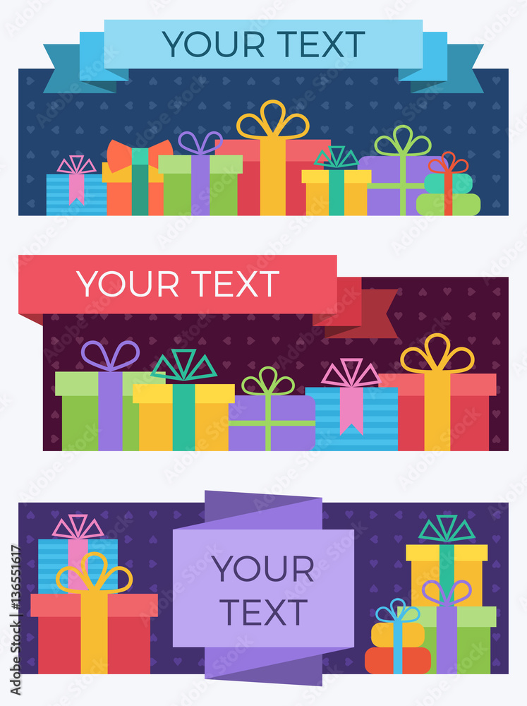 Set of flat style banners with gift boxes. Set of flat style banners with gift boxes.
