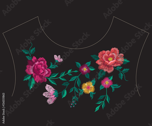 Embroidery colorful simplified ethnic neck line floral pattern with roses and leaves. Vector symmetric traditional folk ornament with big flowers on black background for design.