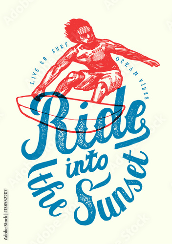ride into the sunset realistic vintage surfer red and blue print