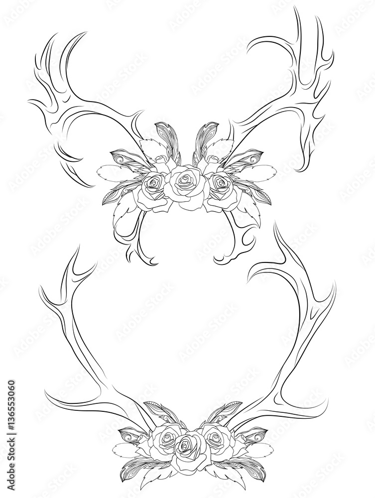 Obraz premium Set of contour illustrations deer antlers with roses and feathers. Boho. Vector element for your creativity