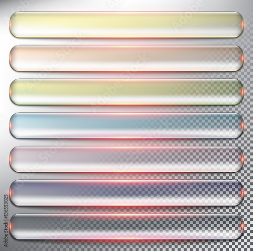 Abstract vector web buttons set of 7. Isolated with realistic, transparent glass shine and shadow on the light background. Vector illustration. Eps10.