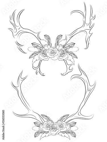 Set of contour illustrations deer antlers with roses and feathers. Boho. Vector element for your creativity