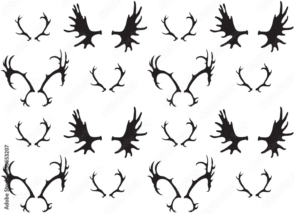 Obraz premium Seamless black and white pattern with a silhouette of deer and elk horns. Vector texture for your creativity