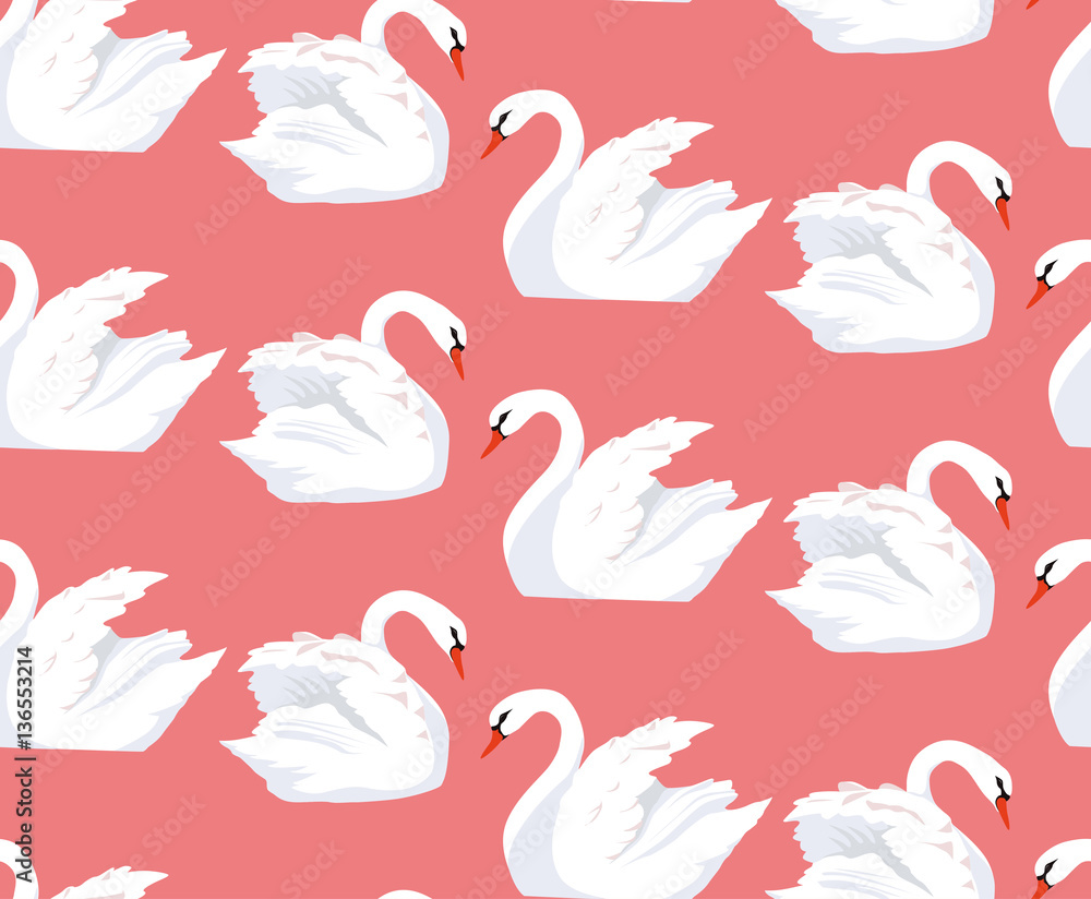 Fototapeta premium Seamless pattern with a pair of lovers swans on a pink background. Vector texture for your creativity