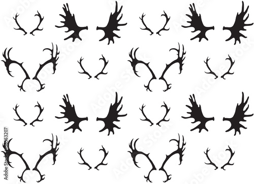 Seamless black and white pattern with a silhouette of deer and elk horns. Vector texture for your creativity