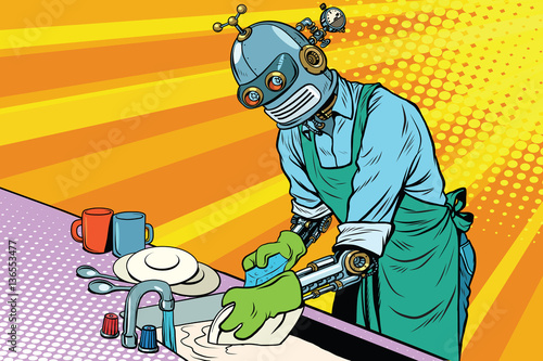 Vintage worker robot washes dishes
