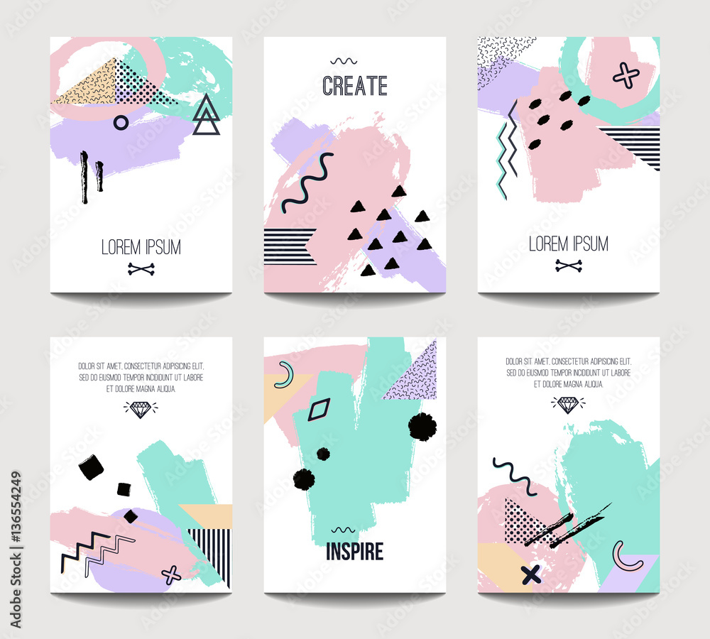 Vector trendy brochure templates with chaotic hand drawn brush geometric elements. Modern minimalistic design for poster, banner, cover presentation, flyer, invitation. A4 layout