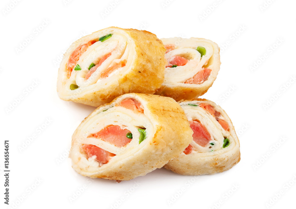 Tortilla sushi with salmon isolated on white background Tortilla sushi with salmon isolated on white background