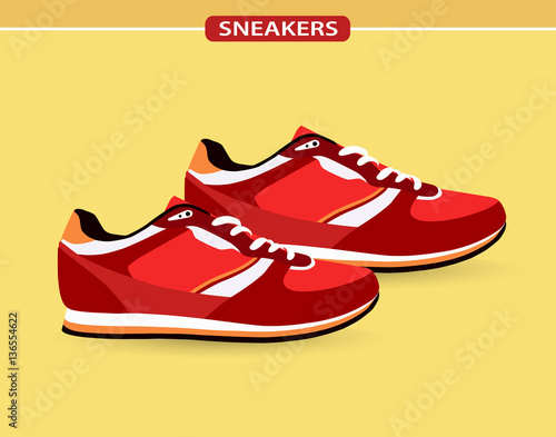 Stylish red sneakers for running on yellow background