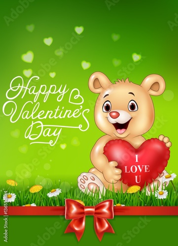 Cute bear holding red heart balloons © tigatelu